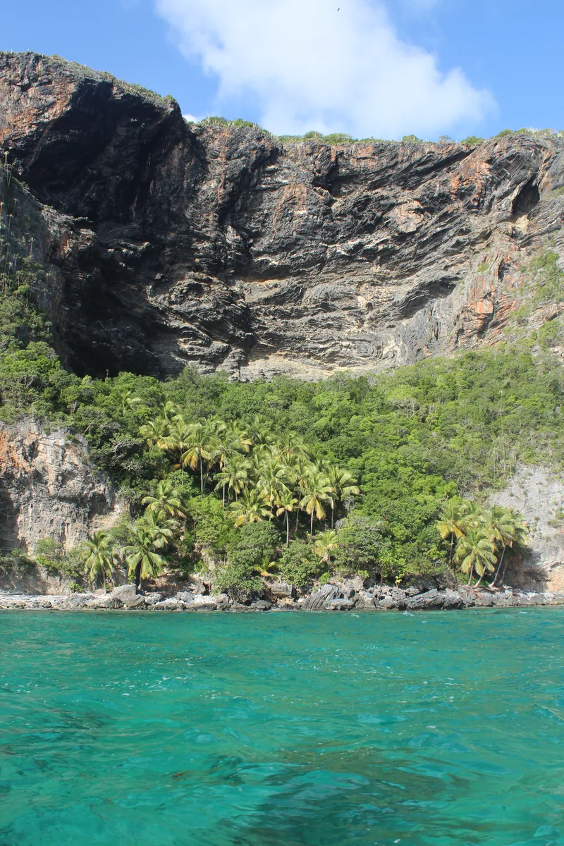 Playa Frontón, the cliff-backed cove reached by boat from Las Galeras and often paired with Rincón on a boat day